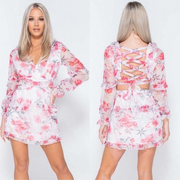 Floral Long Sleeve V-Neck Open Tie Back Mini Dress - Picture 1 of 14
